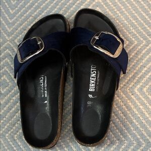 Birkenstock Navy Suede Single-Buckle Slide Sandals